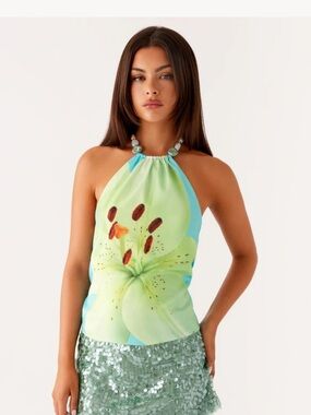 Peppermayo Dalila Beaded Tie Back Top - Turquoise Floral Size 2 XS